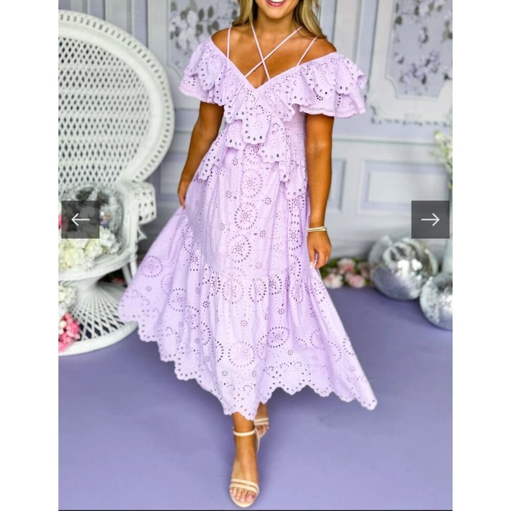 NWT Fate Lavende Eyelet Lace Ruffle  Dress Adjustable Straps Medium 100% Cotton